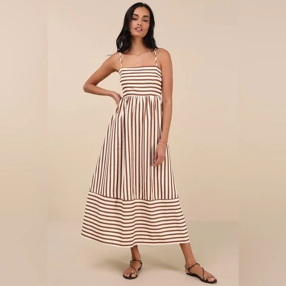 Lulus NWOT Exceptionally Pristine Brown/Cream Striped Cutout Midi Dress, Size XL - Picture 2 of 14